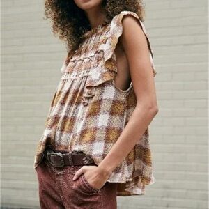 Free People Not Your Average Girl Plaid Ruffle Sleeve Women's Top